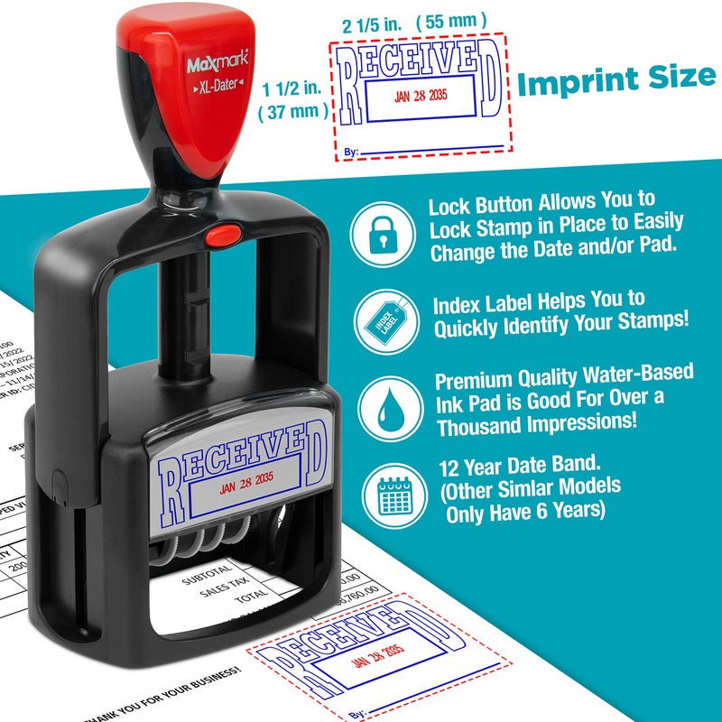 Rubber Stamp Creation MaxMark Heavy Duty Style 5 Date Stamp with Paid self Inking Stamp - 2 Color Blue/Red Ink - Image 5